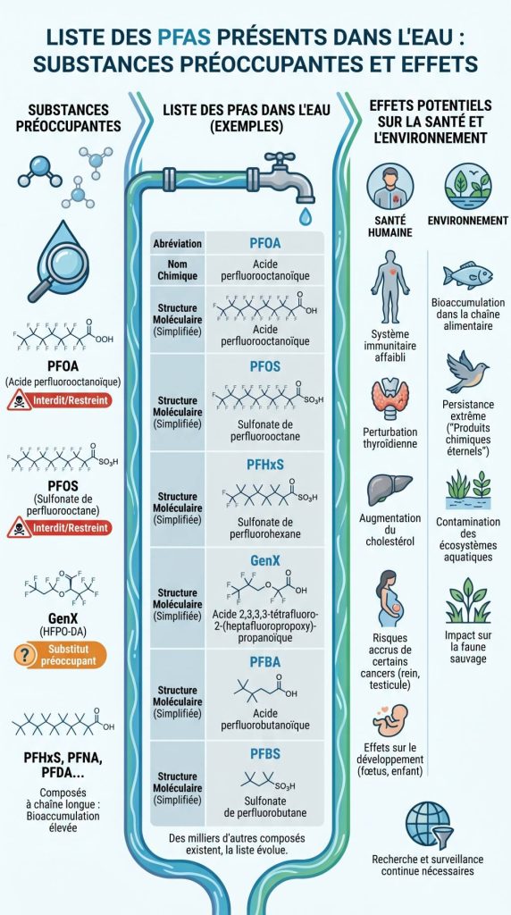 Liste des PFAS présents dans l'eau : identifier les substances préoccupantes et leurs effets