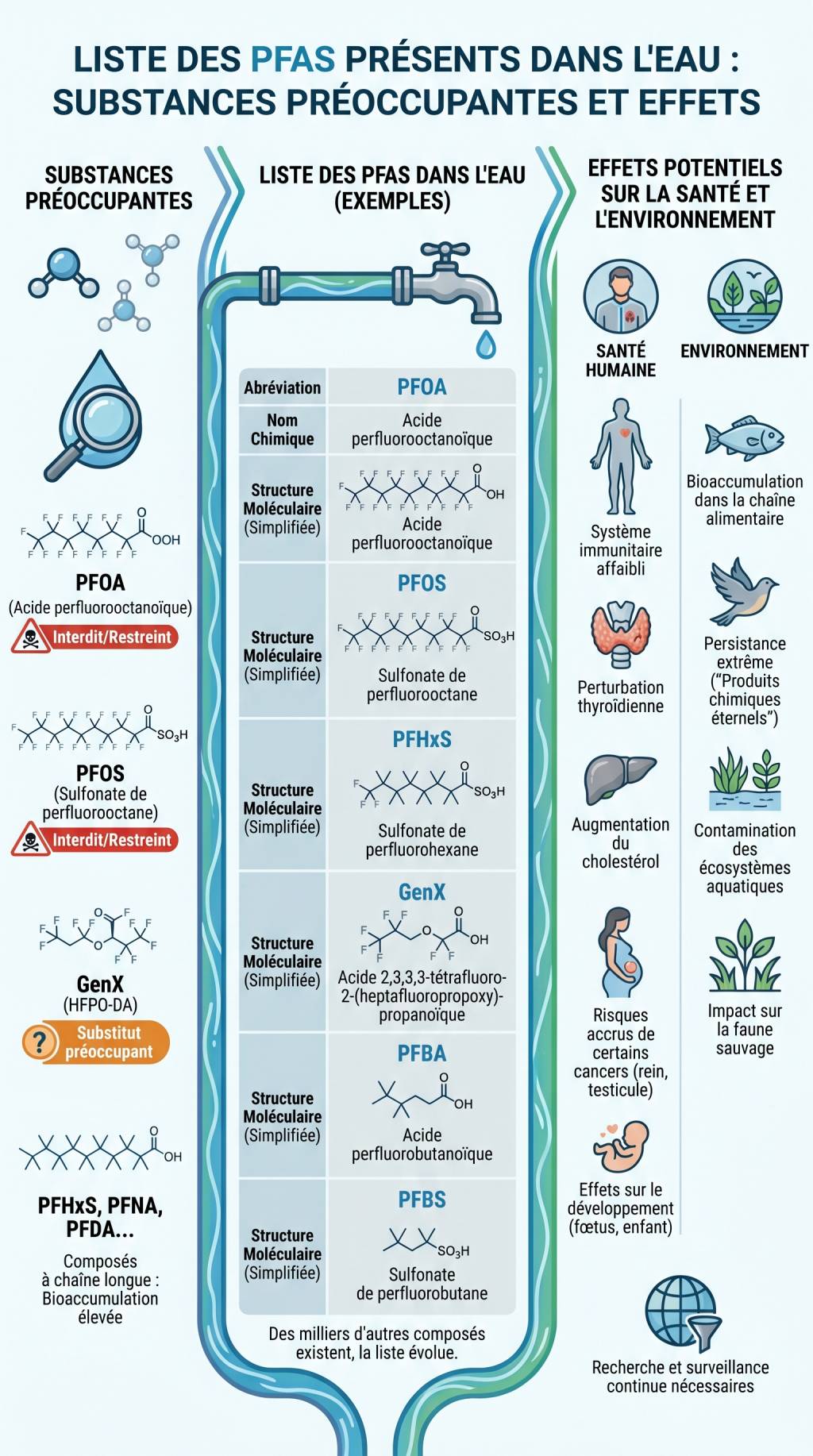 Liste des PFAS présents dans l&rsquo;eau : identifier les substances préoccupantes et leurs effets